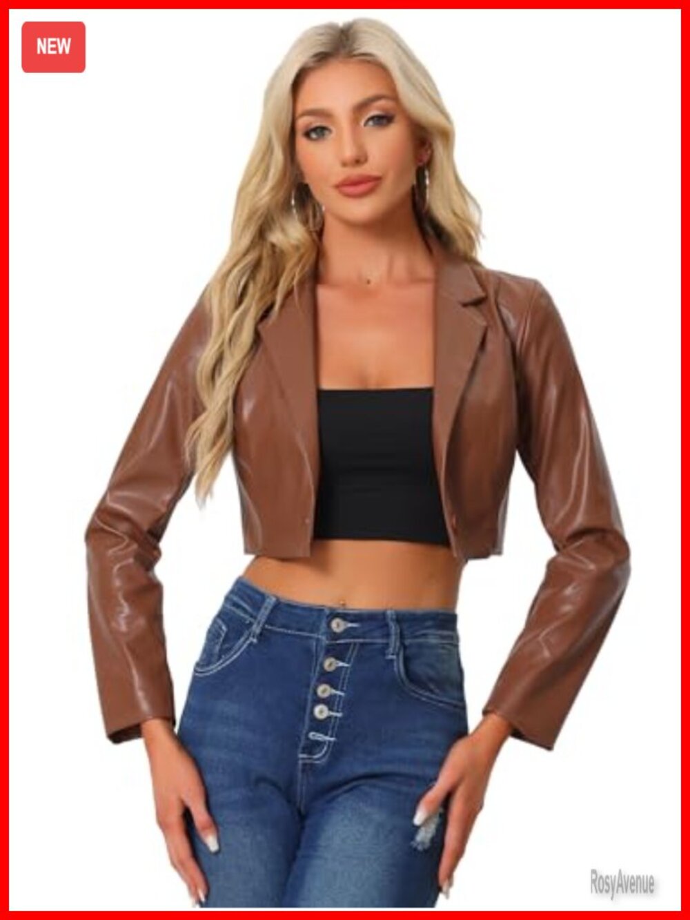 Cropped PU Leather Blazer Jacket One Button Long Sleeve Casual Party